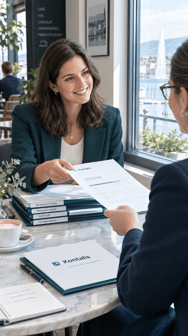 Une cliente et une conseillère examinent ensemble des documents organisés sur une table.